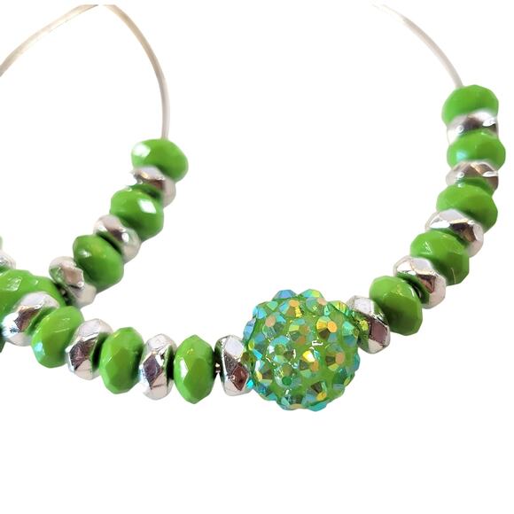 Large Green Beaded Hoop Earrings 3" Silver Tone Rhinestone Accent Pierced Trendy - Picture 2 of 7